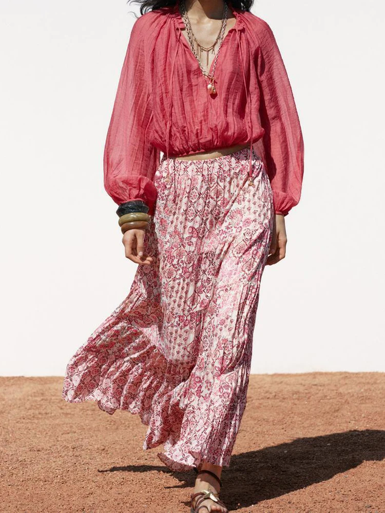 

European and American style women's clothing summer new style French fashion simple versatile printed skirt long skirt