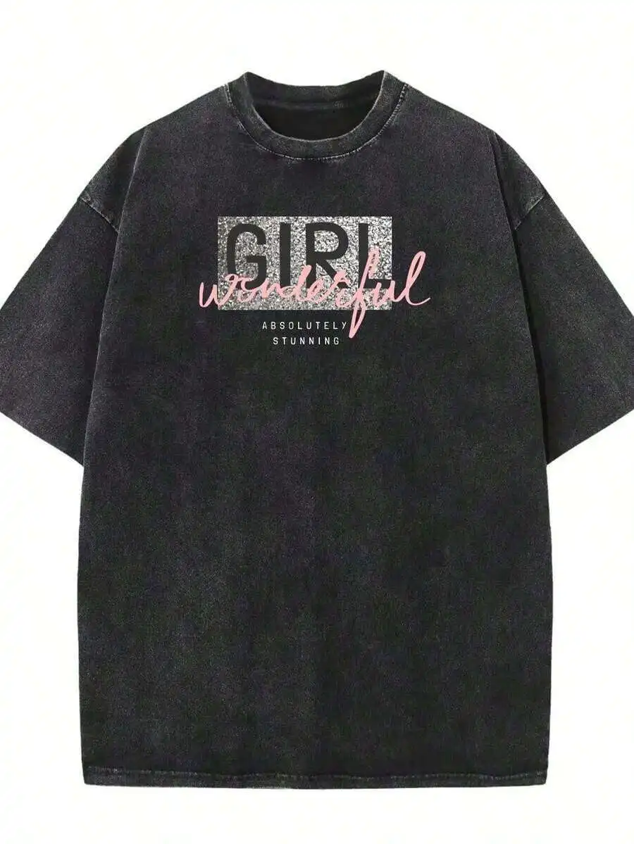 

Unisex Vintage Washed Cotton T-Shirt With Graphic Print Crew Neck Short Sleeve Tee