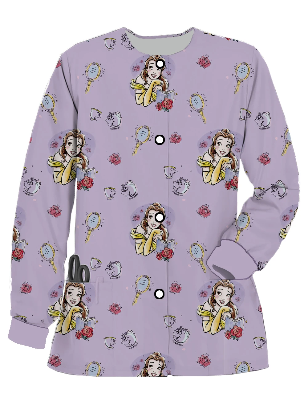 Beauty Salon Pet Shop Ladies Work Uniform Printed Disney Princess Lion King Mickey Pattern Round Neck Pocket Frosted Jacket