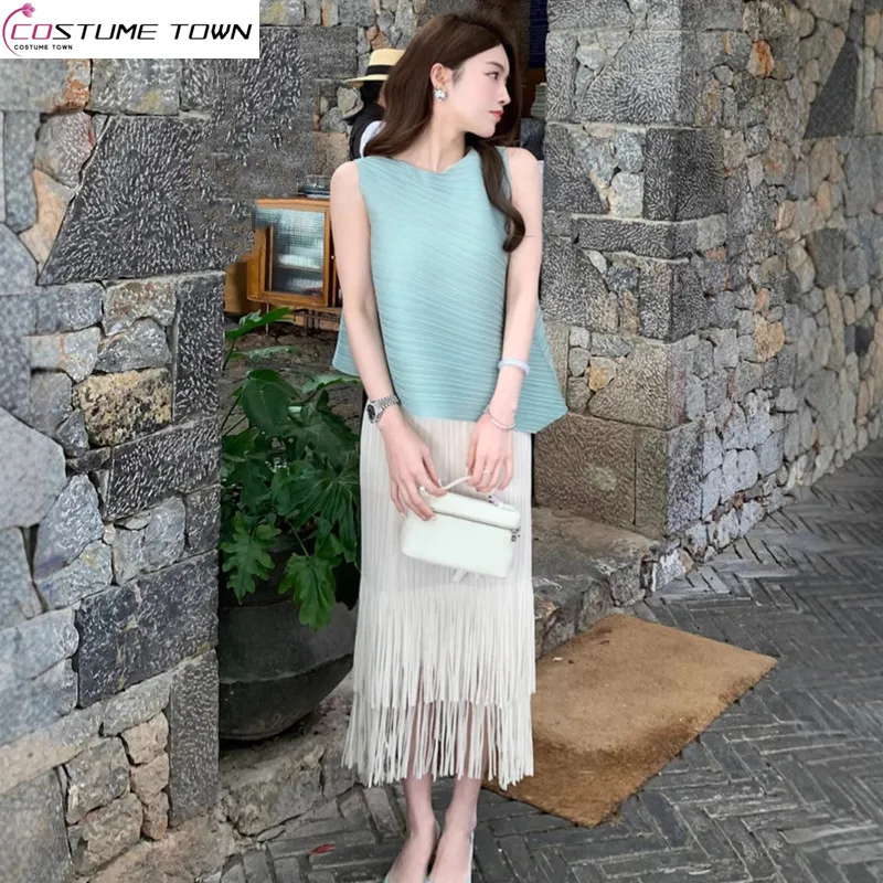 

Summer high-end elegant style pleated sleeveless top+pleated fringe skirt two-piece set