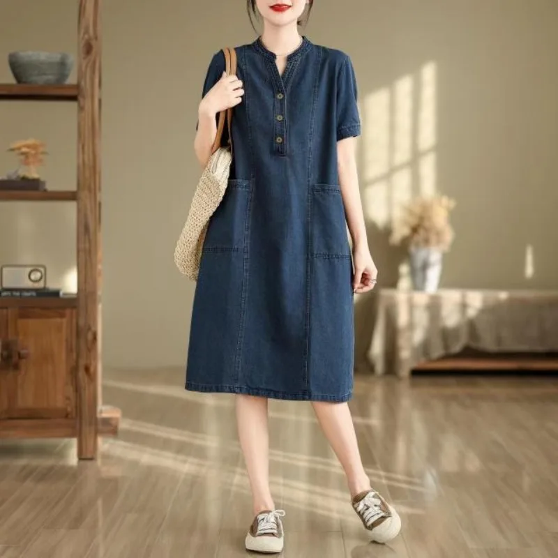 2024 New Vintage Summer Solid V-neck Button Pocket Women's Thin Loose Short Sleeve Fashion Slim Fit Denim Mid Length Dress