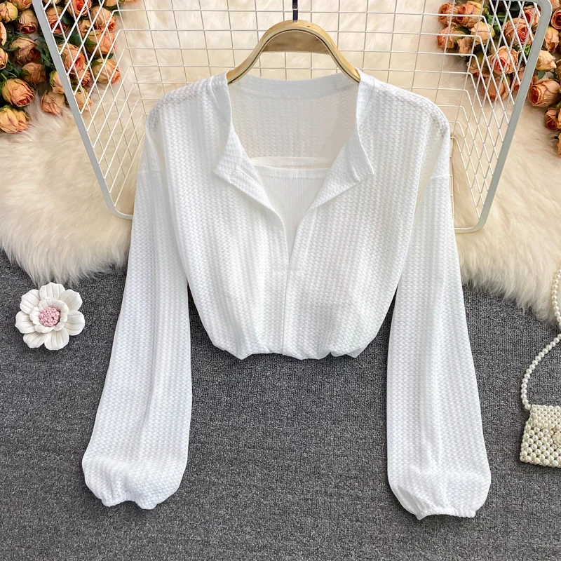 2023 Autumn New Korean Style Fake Two Pieces Shirts Women Solid Color V-neck Puff Sleeve Short Blouses Basics Tops