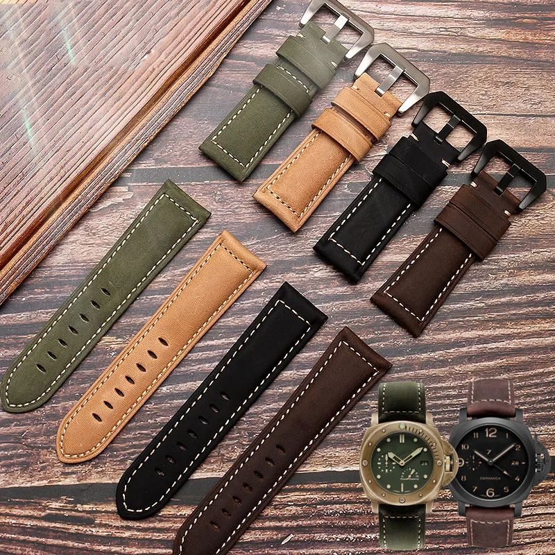 For Mido Hamilton Panerai Citizen Frosted Matte brown blue Genuine Leather watchband Men Vintage Wrist Strap bracelet 22 24 26mm