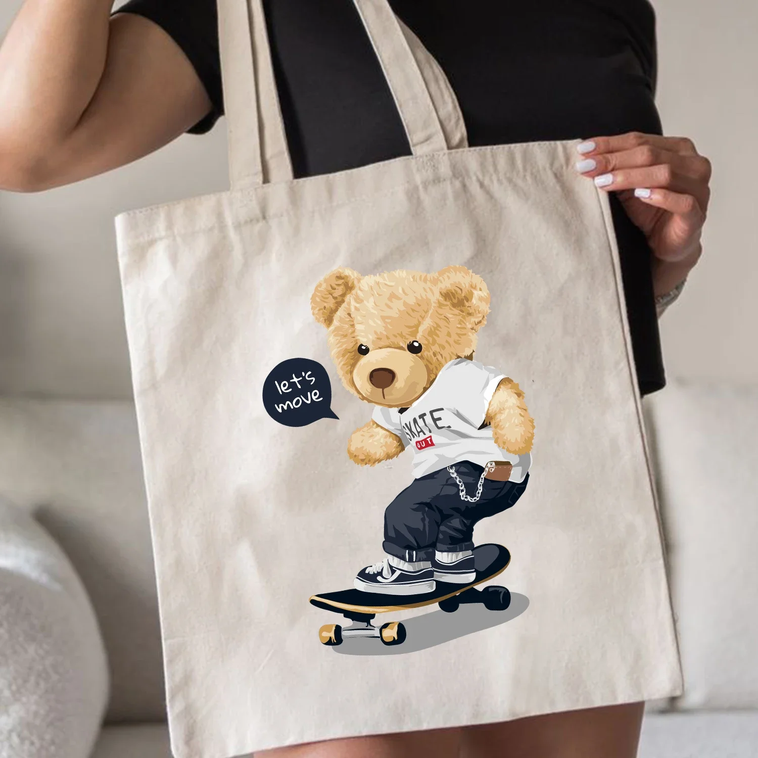 Canvas Tote Bag Cotton Reusable Shopping Bags Eco Bolsa Teddy Bear Skating Let\'s Move Forward Print Single Shoulder