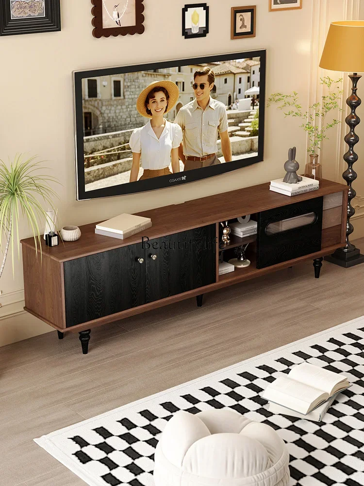 

yj7 New Light Luxury French Retro Floor-standing TV Cabinet Vintage Style All Natural Wood