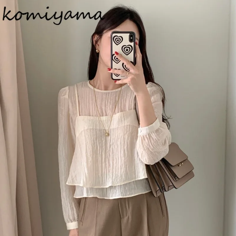 2024 Woman Shirts & Blouses Elegant Temperament Ropa Mujer Long Sleeve Blusas O-neck Camisas Fashion New Blusa with Camis