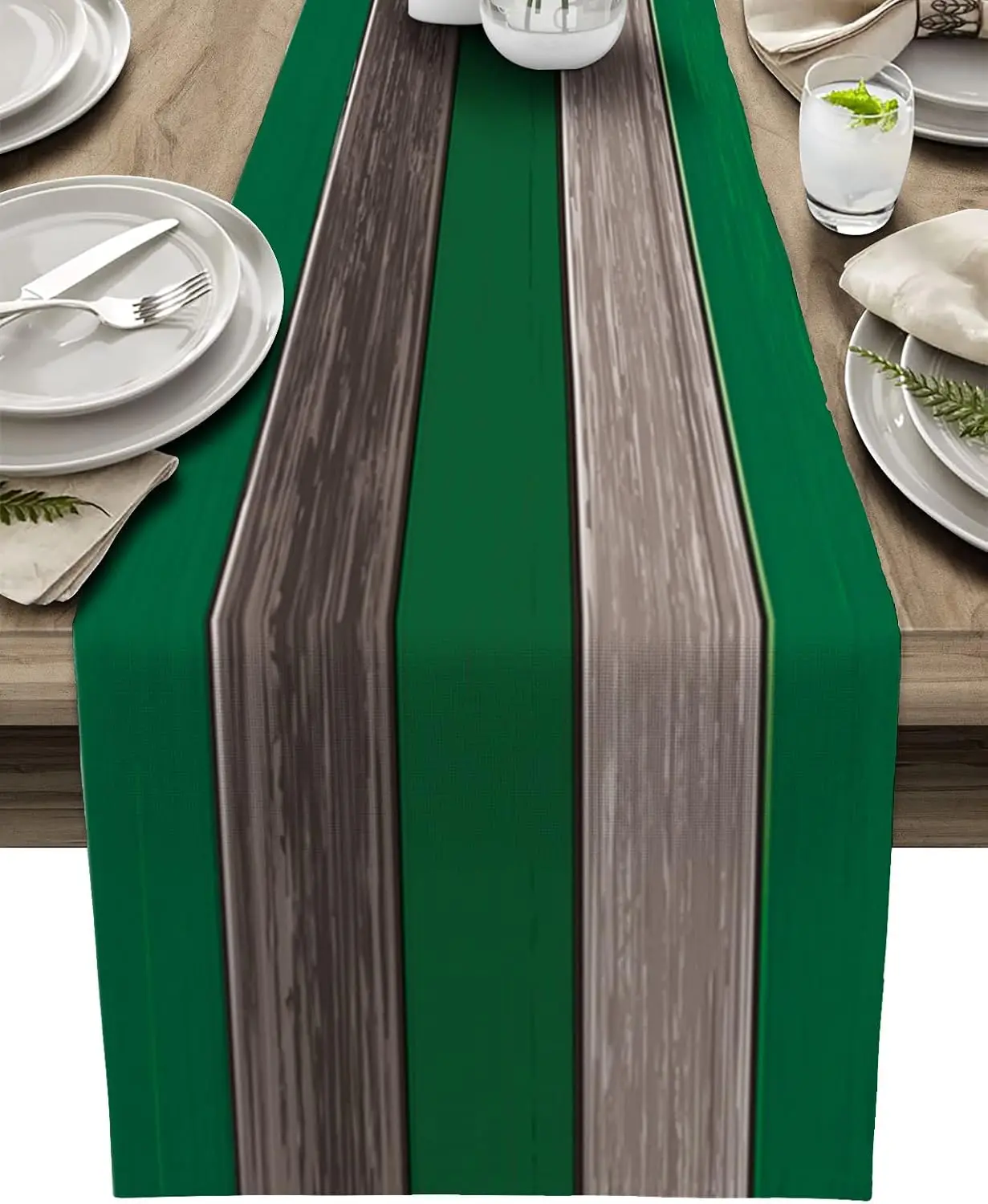 Forest Green Brown Farmhouse Retro Rustic Barn Wood Texture Table Runner, Non-Slip Party Kitchen Dining Table Decor