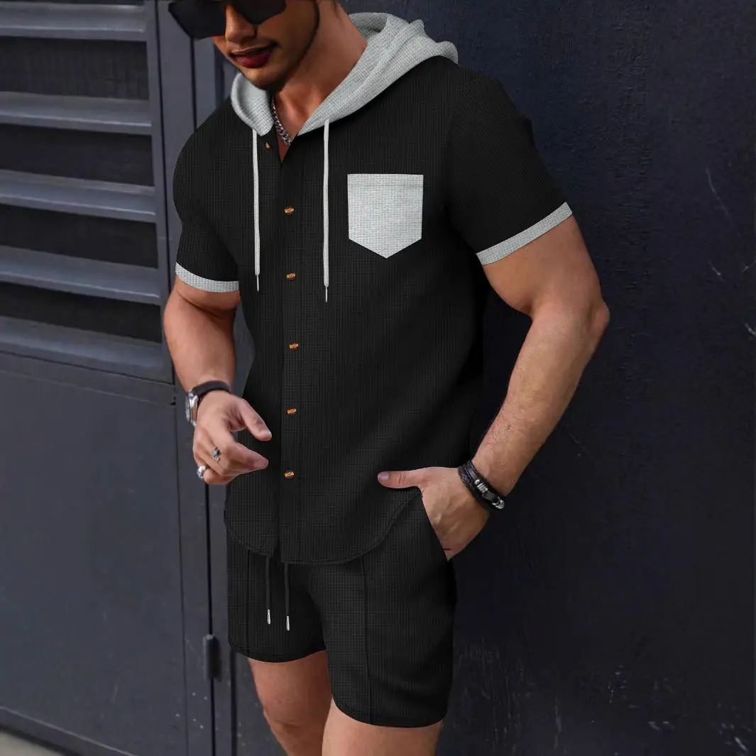 New Summer Men's Hooded Short Sleeve Open Cardigan Casual Jacket Shorts Set Color Block Design Polyester Fiber 100%