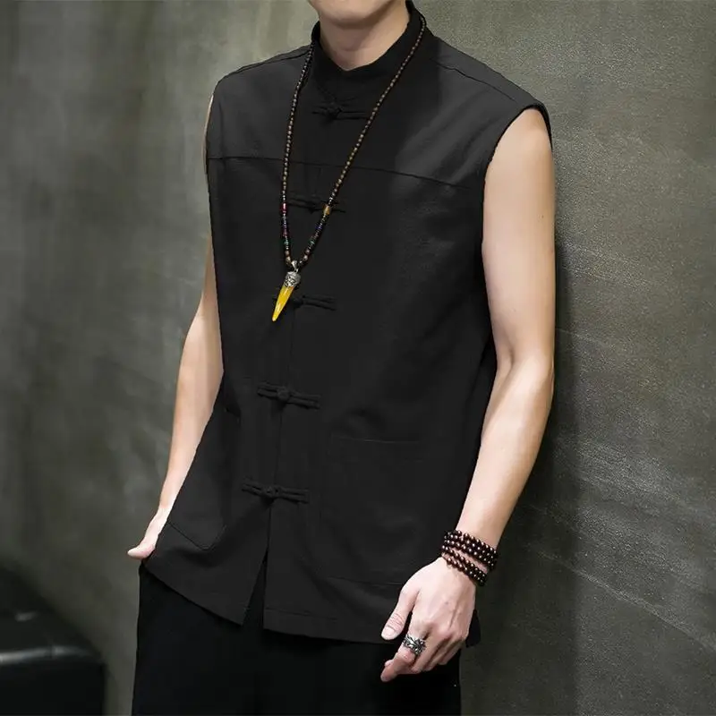 Spring Summer Vintage Linen Stand Collar Sleeveless Tang Suit Vest Chinese Style Blouse for Men Harajuku Cardigan Jacket M-5XL