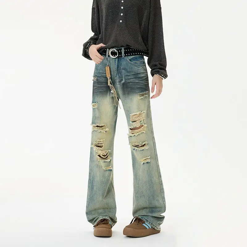 

Ретро-джинсы в американском стиле, свободные, с легким расклешением, с высокой талией, рваные, в уличном стиле, унисекс, длинные...