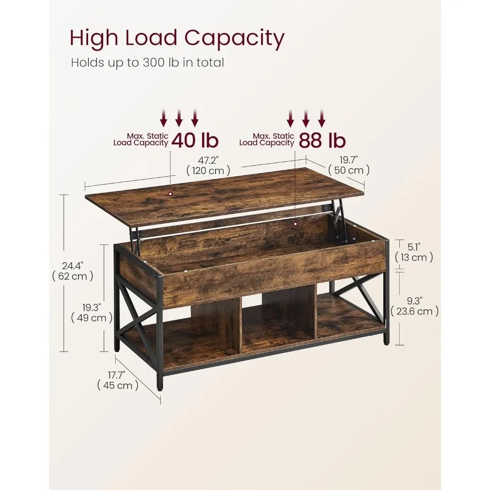 Lift Top Coffee Table, Coffee Table with Storage Shelf, Hidden Compartments and Lifting Top, for Living Room, Office