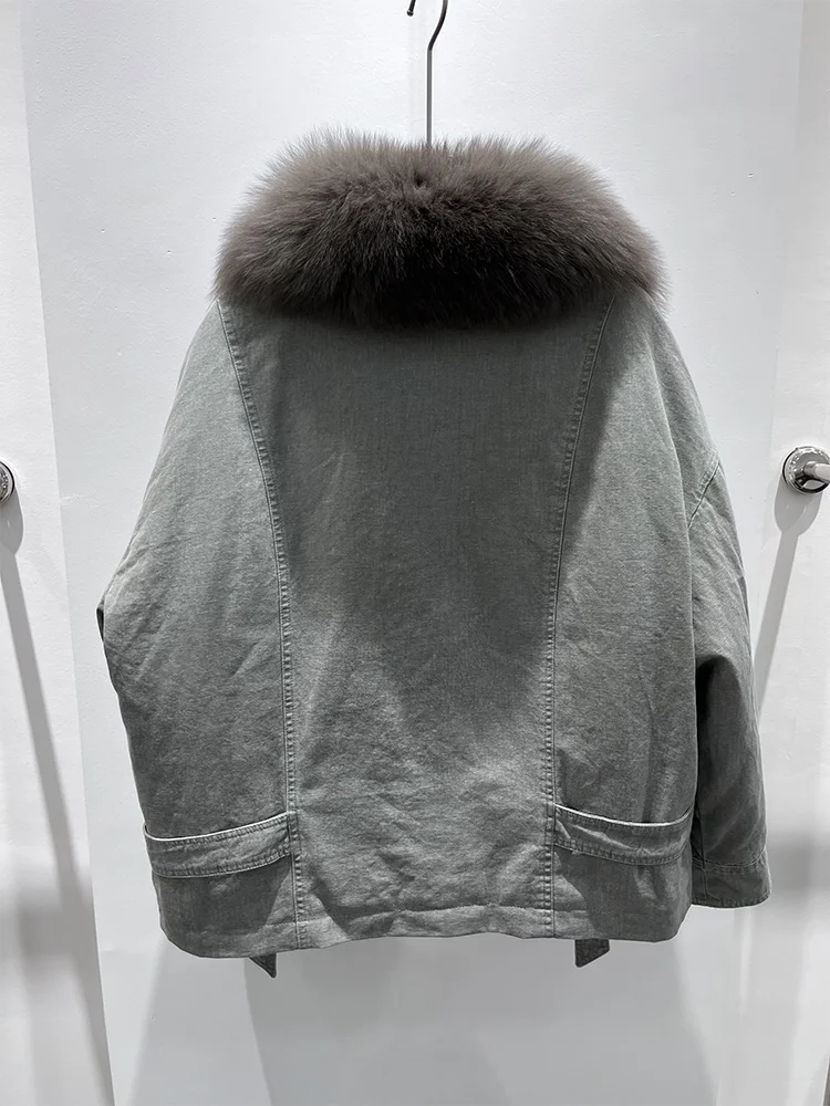 새로운 럭셔리 겨울용 여성 구스 다운 재킷 리얼 폭스 퍼 칼라 두꺼운 파카 푸퍼 재킷 아우터 여성 데님 코트