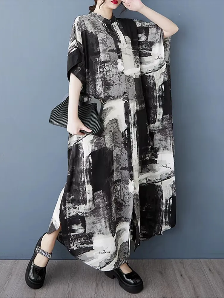 AmaxluluE Musim Panas 2025 Fashion Bohemia Wanita Gaun Cetak Ukuran Besar Wanita Kasual Longgar Vestidos Vintage Elegan Pakaian Panjang
