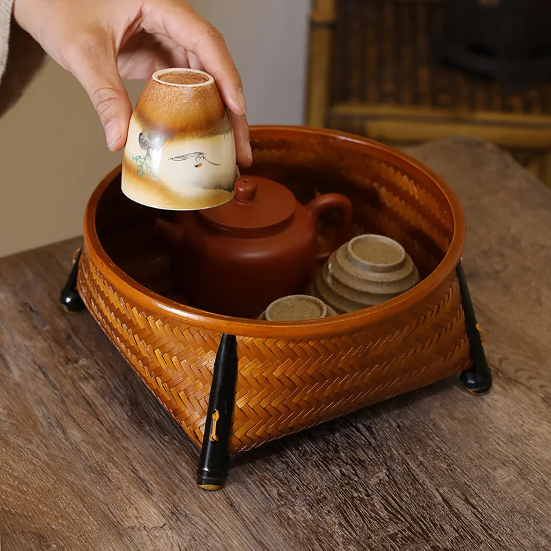 

#t* forMountain bamboo and wood lacquer round mouth four-corner basket bamboo woven storage basket tea set desktop storage box a