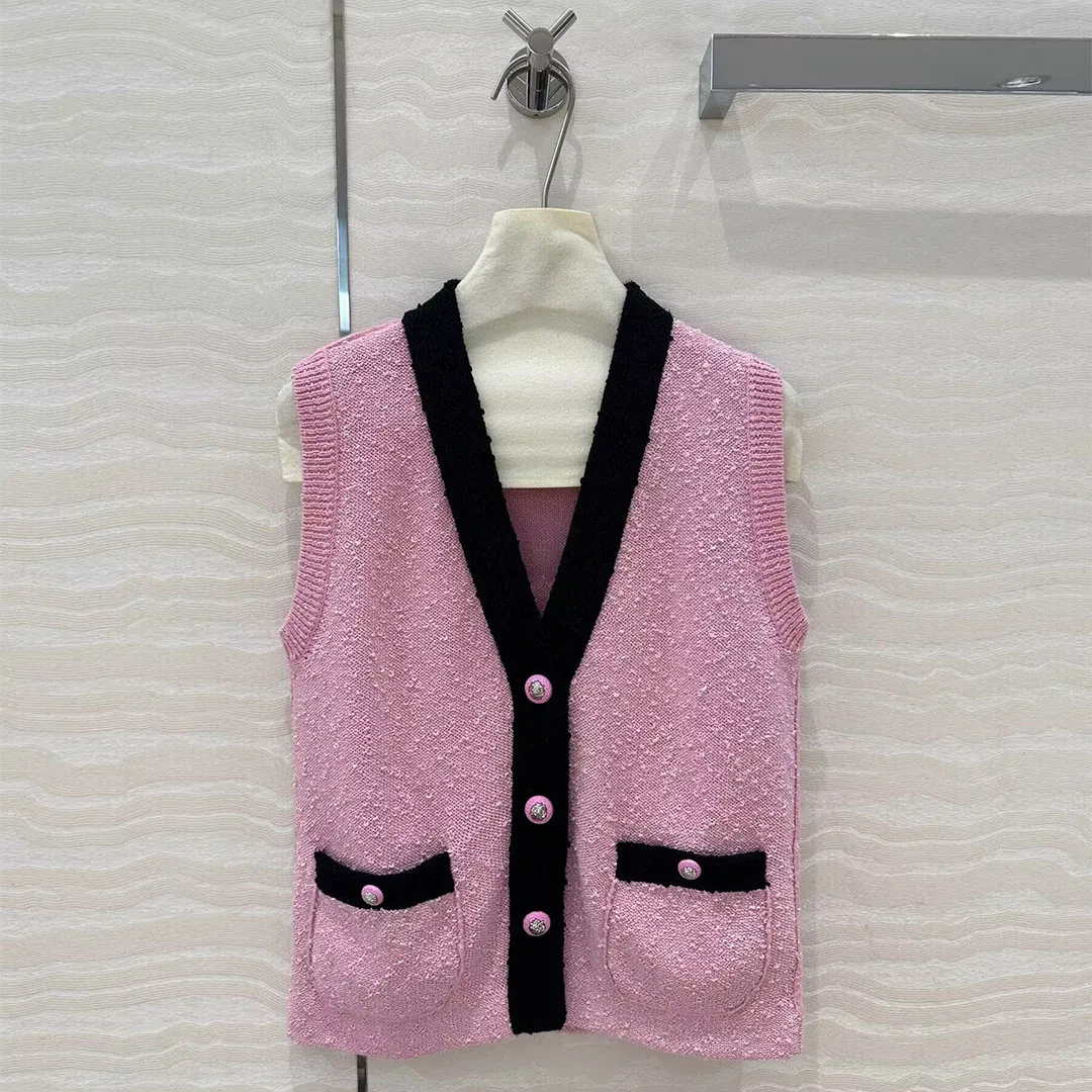 2024 New Fashion Color Blocking V-neck Patchwork Knitted Vest Women's Sweater Single Breasted Sleeveless Pockets Tank Cardigans