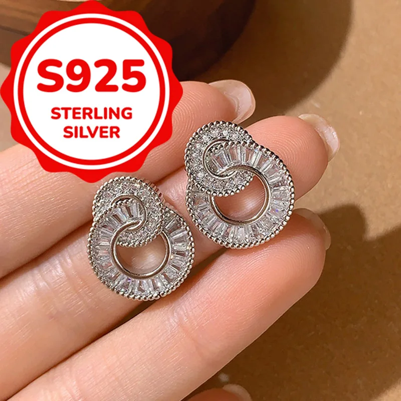 925 sterling silver everyday versatile synthetic zircon round earrings light luxury elegant simple geometric earrings