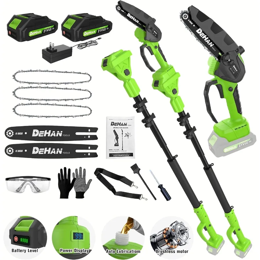 

2 IN 1 Electric Pole Saw Brushless 21V Battery Chainsaw Cordless with Rotatable Pole 15FT Max Reach Shoulder Strap Powered Pole