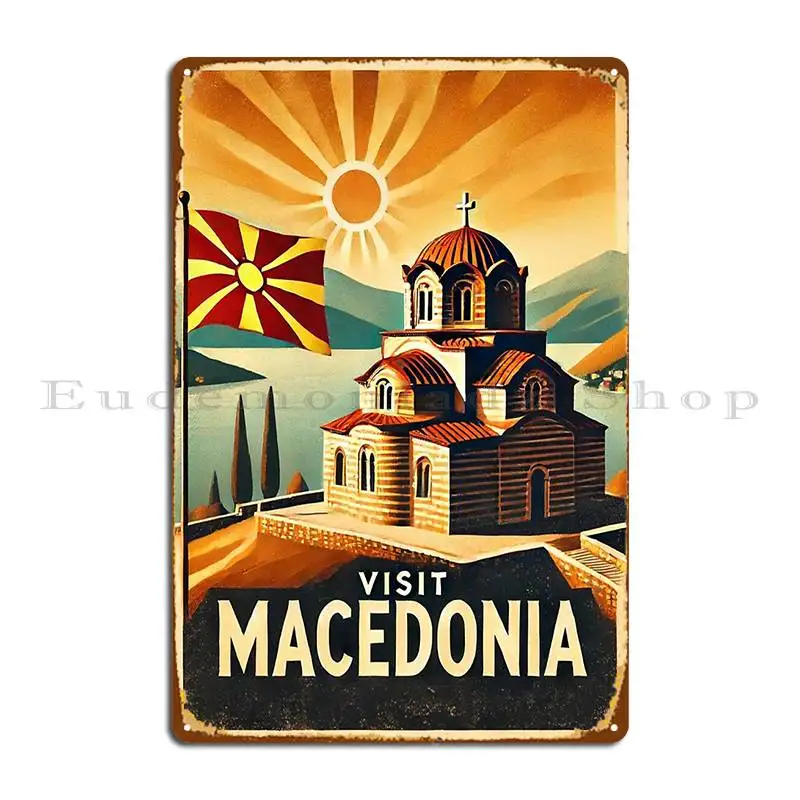 Visit Macedonia Vintage Travel Poster Vergina Sun 1920s Style Metal Plaque Club Mural Custom Wall Mural Tin Sign Poster