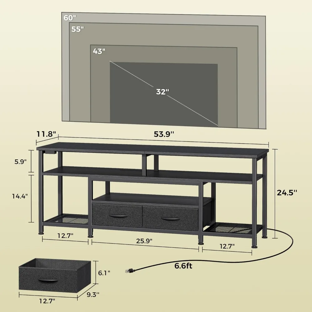 Stojak pod telewizor na telewizory 55-60 cali, centrum rozrywki z gniazdami zasilania i oświetleniem LED, konsola pod telewizor 54-calowy do salonu, M