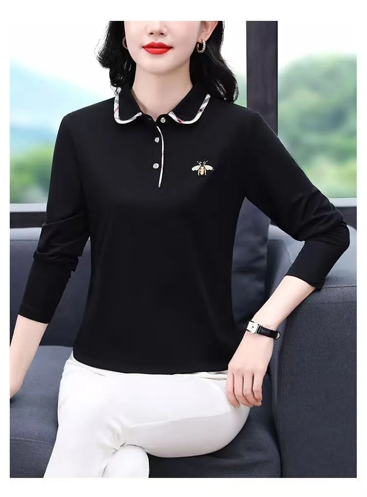 Polo Collar Pure Cotton Polo Shirt Long-Sleeved T-shirt Women\'s Summer 2024 New Mom Middle-Aged Loose Slimming Top