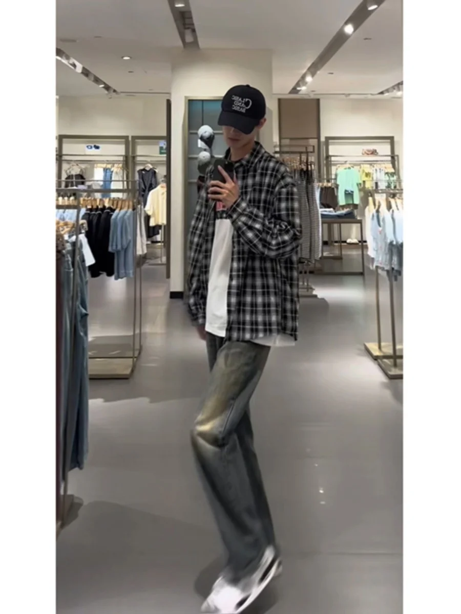 

Vintage Blue Knife Men's Jeans Summer American Sle High Waist Extended Loose Straight Leg Trousers Youth Trend Cotton