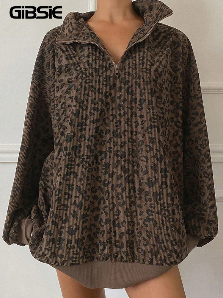 

GIBSIE плюс размер леопардовый принт на молнии с воротником-стойкой, женский свитшот с длинным рукавом, осень 202, свободный повседневный пуловер большого размера, топ