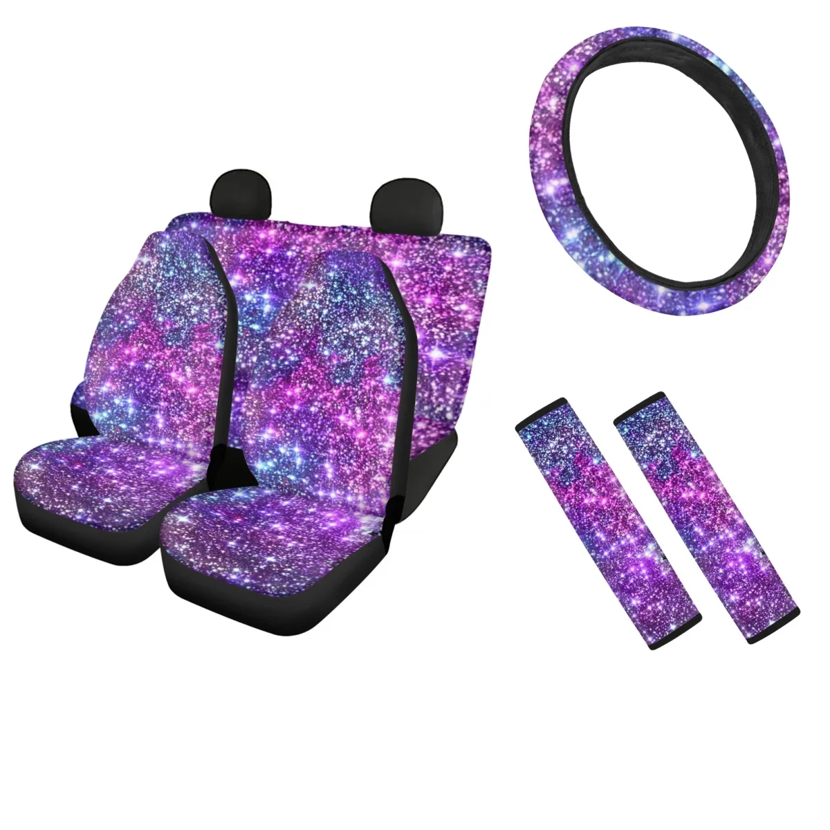 

Purple Sequin Quicksand Design Car Seat Covers Durable Steering Wheel Covers for Sedan Washable Seatbelt Shoulder Pad Full Set