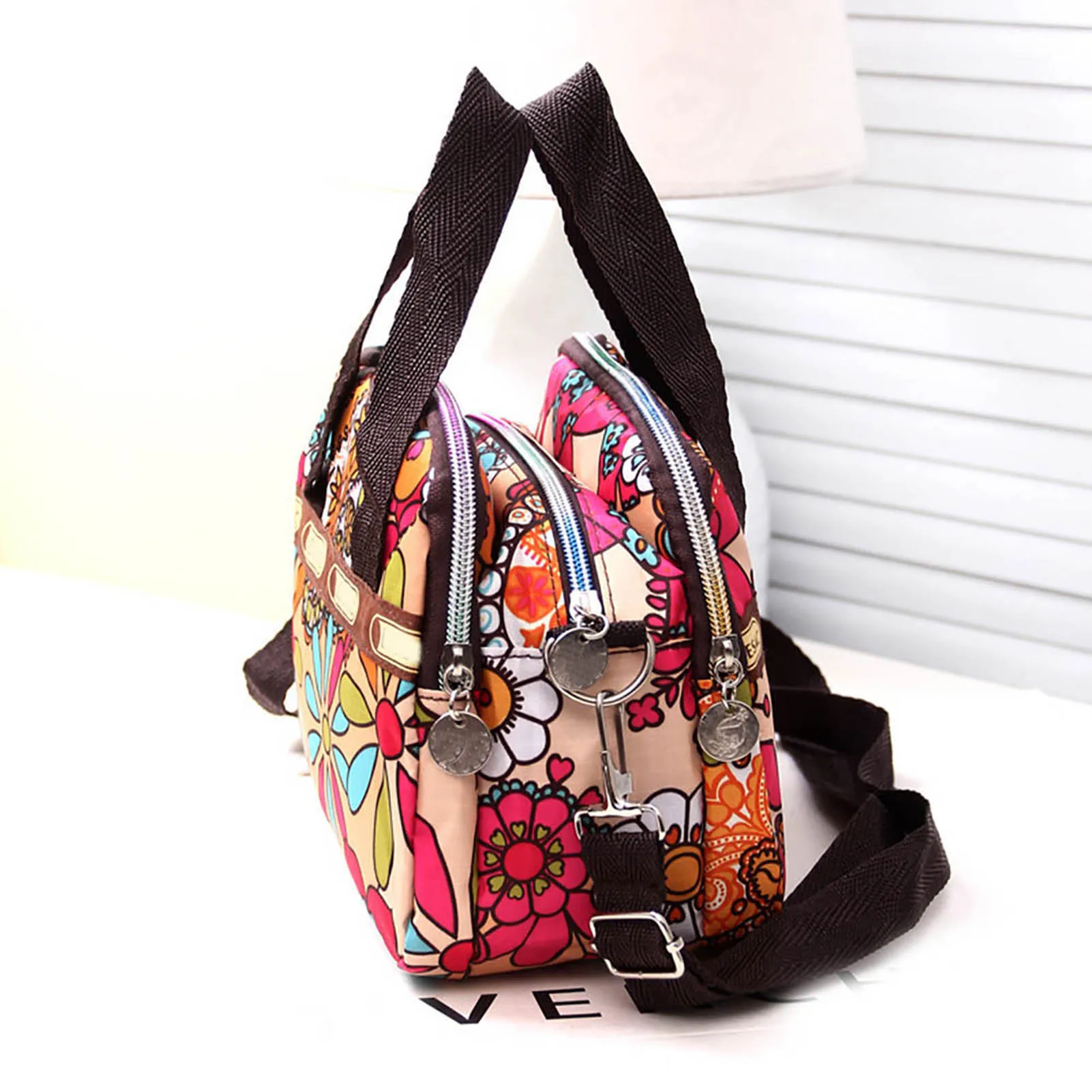 Bolso de mano con estampado Floral colorido para mujer, bolso de hombro cruzado de nailon informal con cremallera y múltiples bolsillos