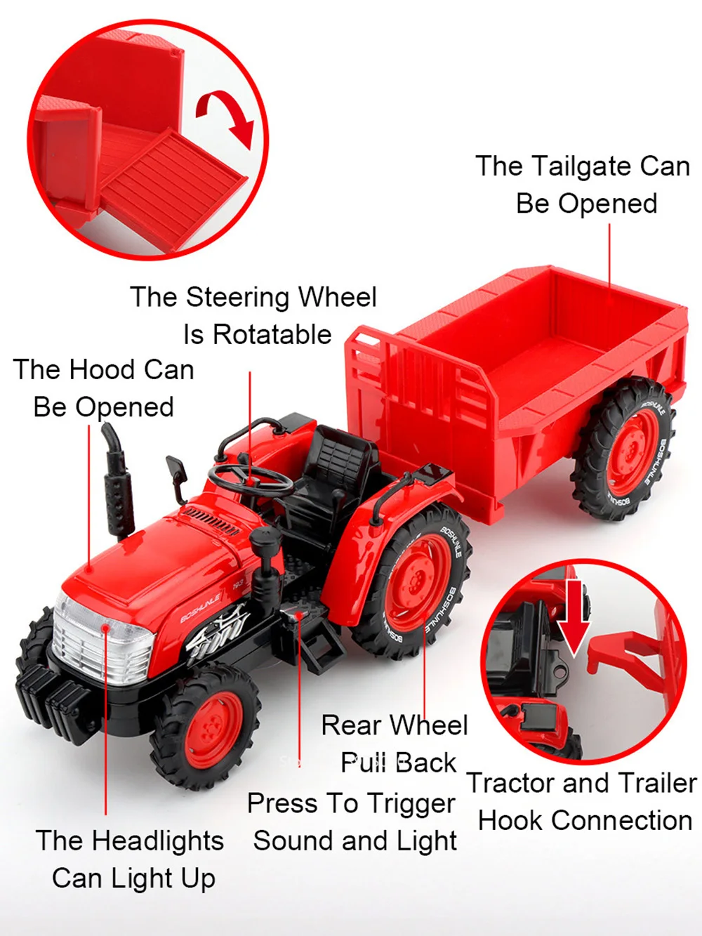 1/32 Round Head Tractor Toy Cars Models Wheel Pull Back Agricultural Tractors Light Sound Vehicles Children's Educational Toys