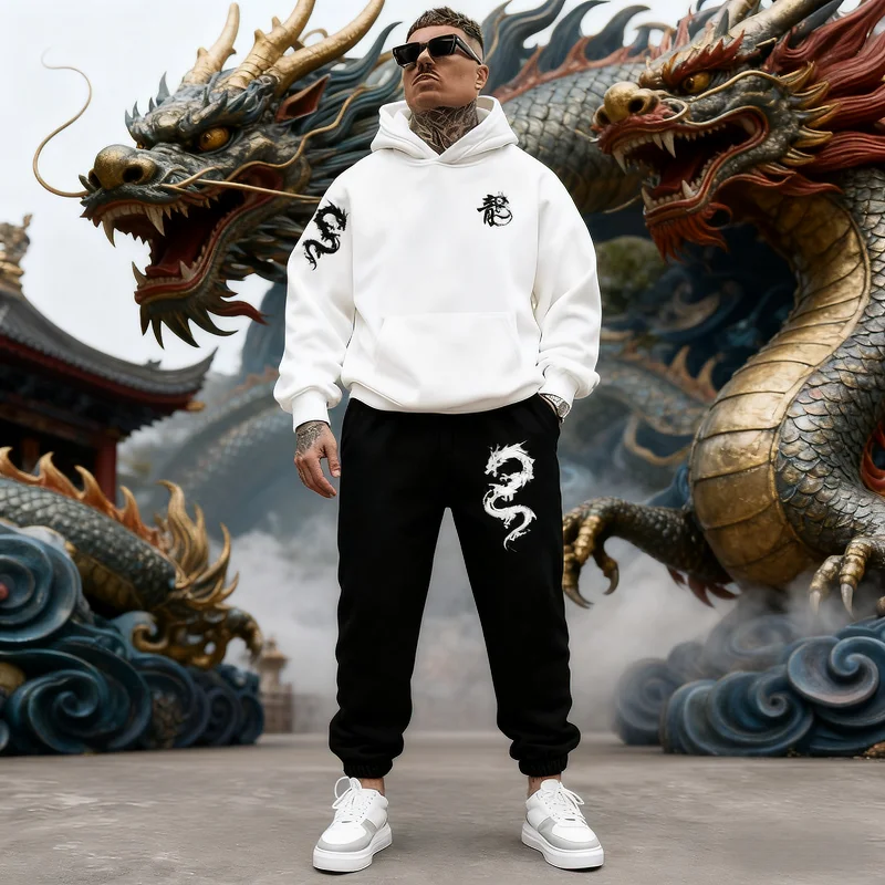 Winter/Fall 2025 Men's Thermal Fleece Suit – Sportswear Hoodie + Pants with Dragon Print, Casual Fashion Sportswear Set