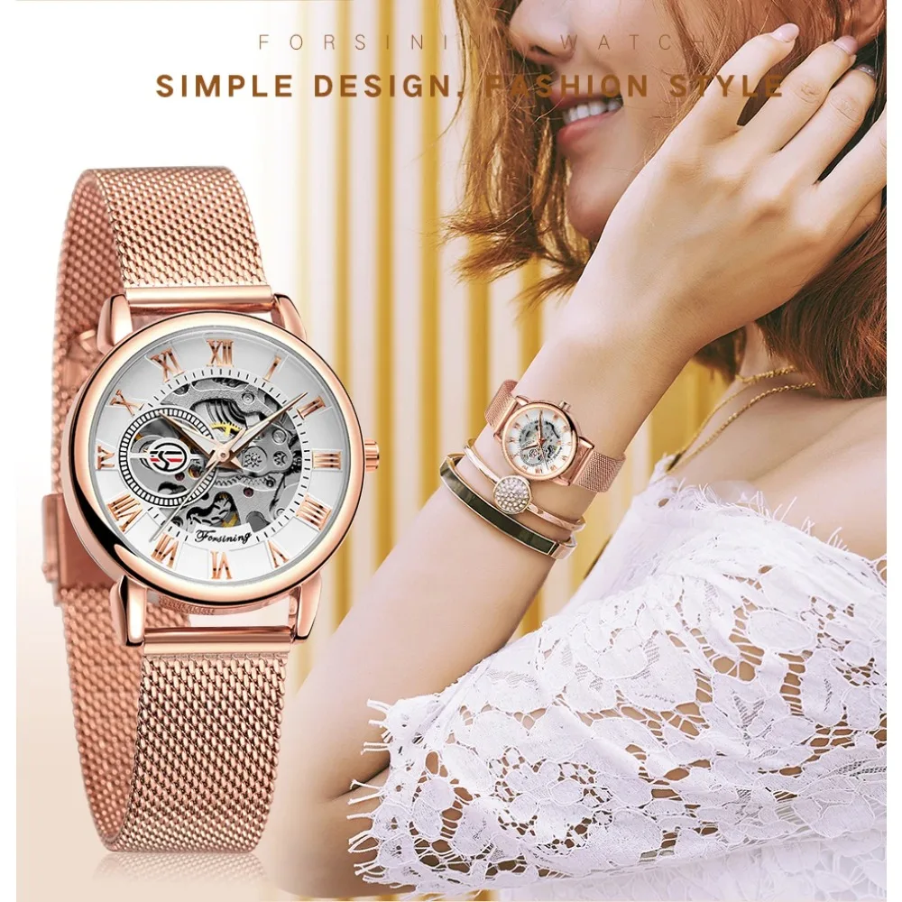 Ladies Retro Skeleton Mechanical Watches for Women Luminous Hands Fashion Mesh Stainless Steel Strap Top Brand Luxury Watch