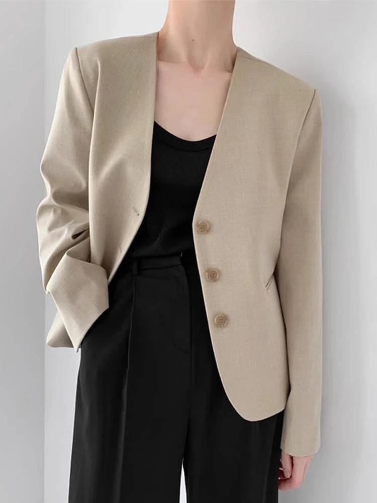 

Chic Vintage V-Ne Single-Button Loose Casual Versatile Long Sve Suit Jaet Women's Faion Autumn Collection