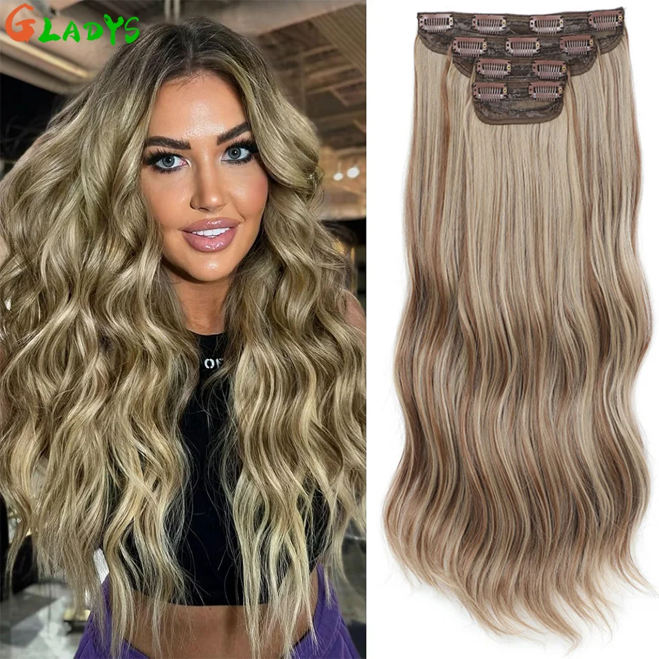 

Ombre Color Clips Hair Extension 22 Inch Synthetic Clips Hair Extensions 4 Pcs/lot Body Wave Hair Piece Extension For Women