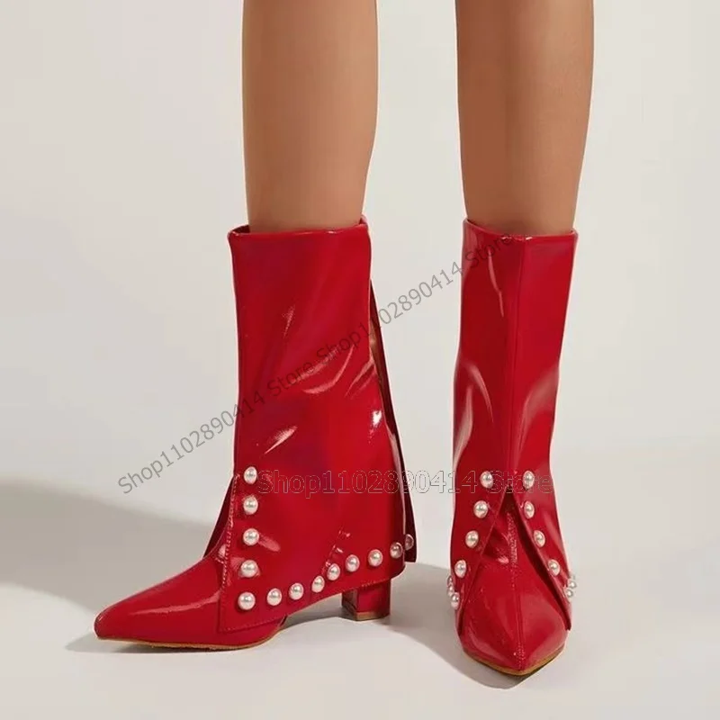 Botas puntiagudas de media pantorrilla Para mujer, Zapatos de tacón alto y grueso, con decoración de perlas, color rojo, 2023