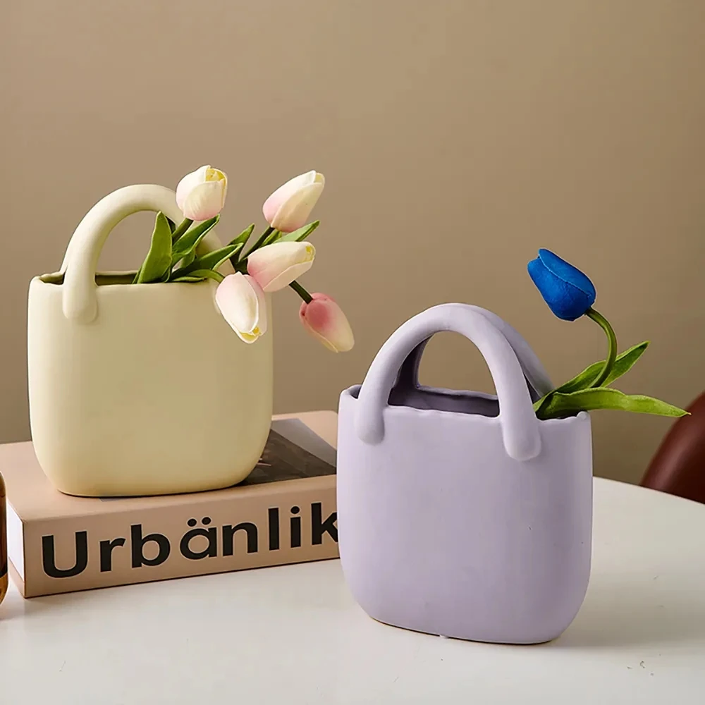 

Nordic Simple Style Creative Handbag Bag Ceramic Portable Vase Living Room Decoration Dried Flowers Table Ornaments Home Decor