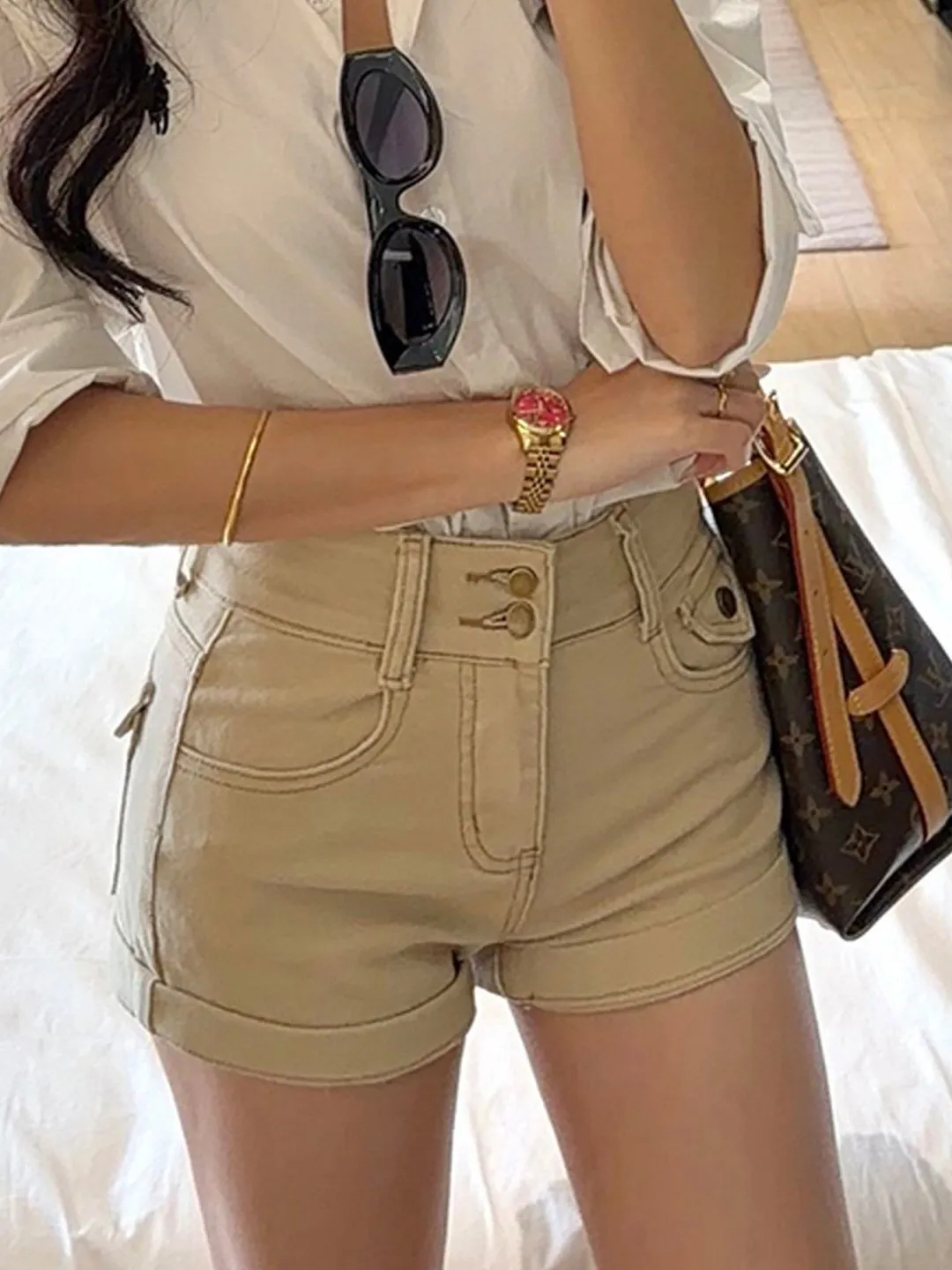 

Khaki High Waist Straight Leg Denim Shorts Women's Summer New Slimming Sexy Commuter Versatile Wrap around Hot Pants
