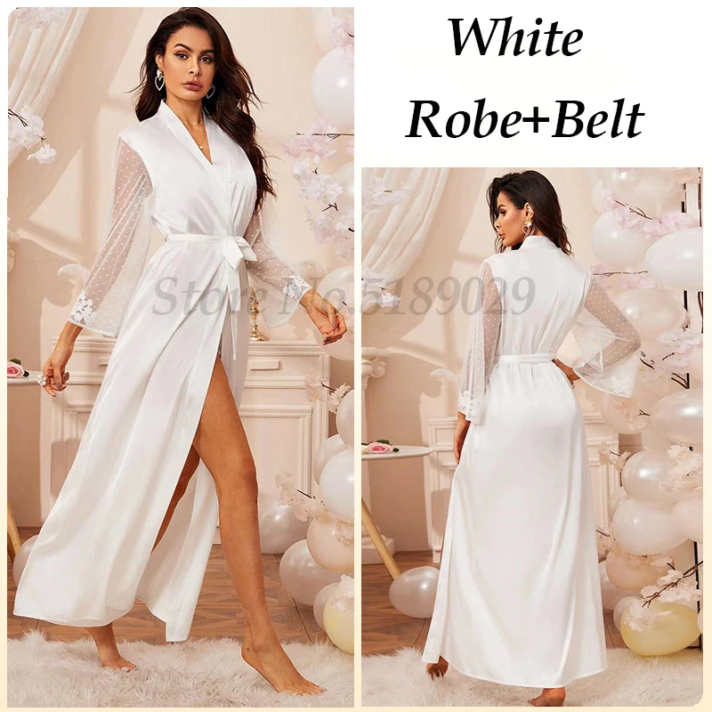 

Sexy Sleepwear Bride Bridesmaid Long Robe Nightgown Casual Home Dressing Gown Intimate Lingerie Satin Lace Patchwork Bathrobe