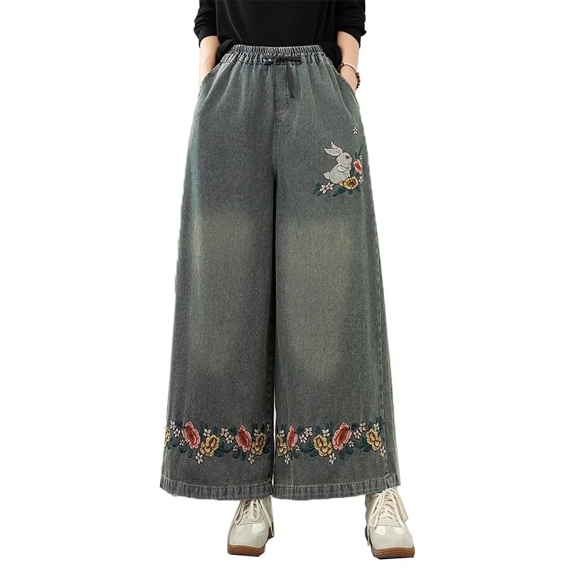 Collezione scontata Autunno morbido cowboy retrò ricamo pesante stile etnico elastico in vita versatile casual pantaloni a gamba larga w615