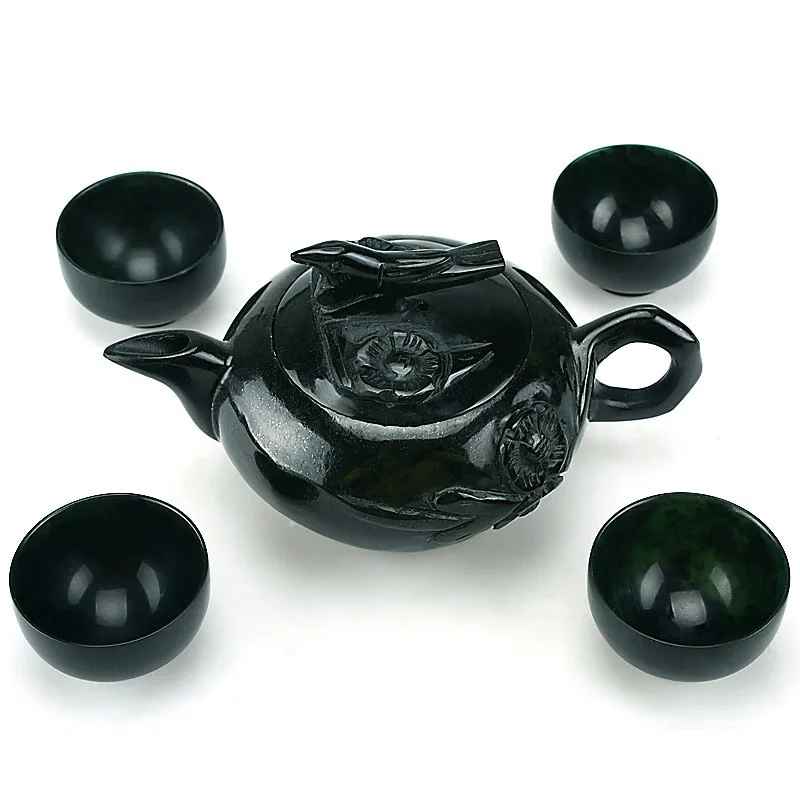 Dark Jade Teapot Teacup Serpentine Jade Olive Green Meteorite Pot Medicine King Stone Tea Set