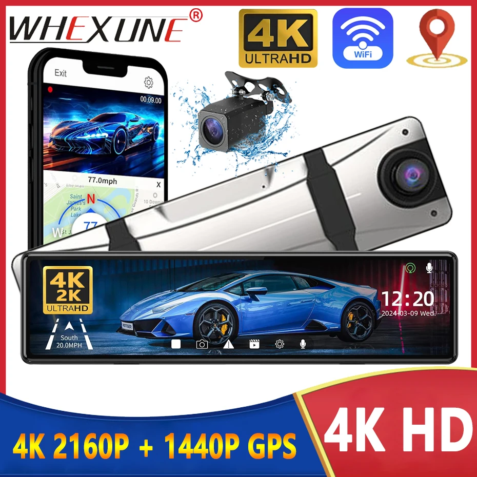 12 Inch 4K Car DVR Video recorder 3840*2160P Rear view Mirror Dash Camera Dual lens Video Recorder Night Vision Registrar Dvrs