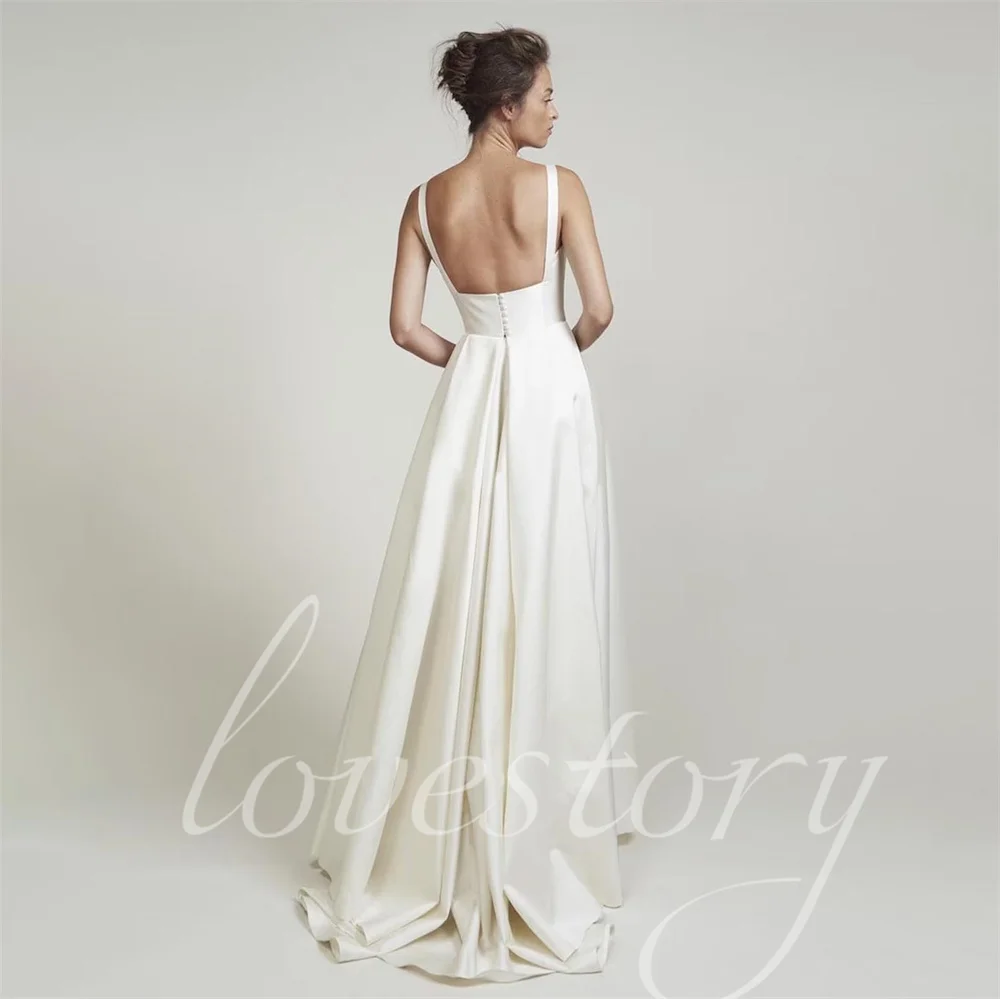 Elegant A Line Satin Wedding Dresses With Pockets Sexy Openback Bridal Gowns Women Floor Length Bride Robes Vestidos De Novia