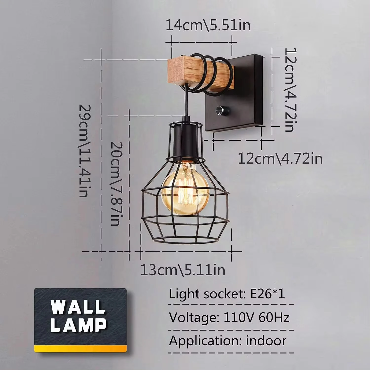 Luminária de parede preta com Dimmer, On e Off, Gaiola, Luminária de parede, Iluminação industrial da fazenda