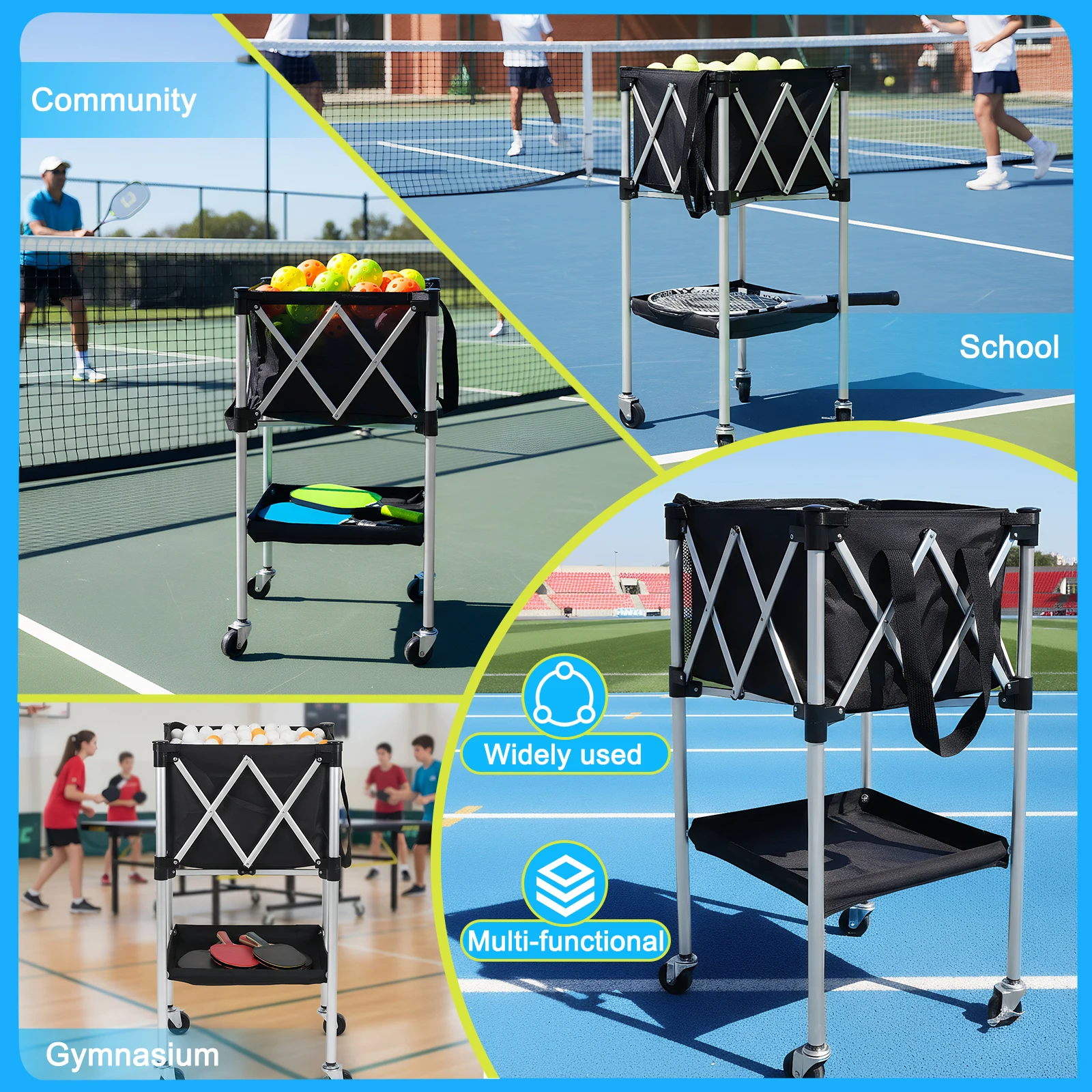 

Tennis Ball Basket Foldable Portable Pickleball Baseball Hopper Basket with Wheels with Storage Bag for Training/Teaching
