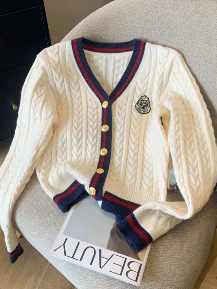 

HOUZHOU Preppy Style Knitted Cardigan Women Korean Vintage V-Neck Knitwear Jumper Y2k Old Money Casual Sweater Coat Aesthetic