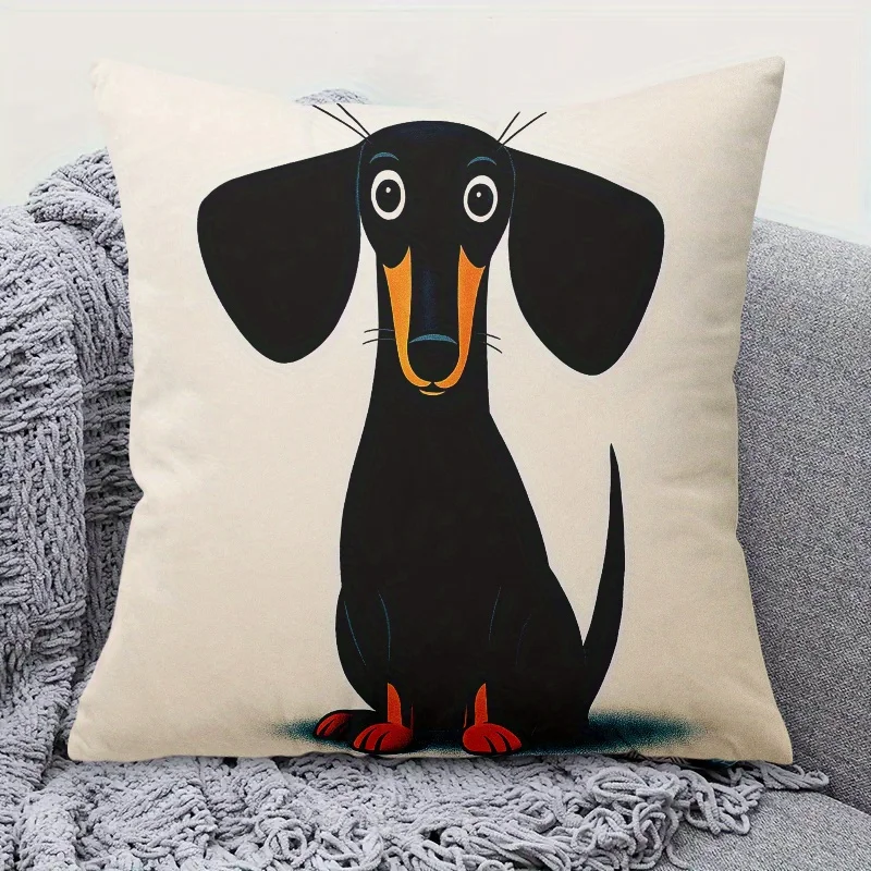 Cartoon Dachshund Pillow Cover Black Dog with Orange Snout Cushion Case Polyester Zipper  Square Living Room Sofa Bedroom