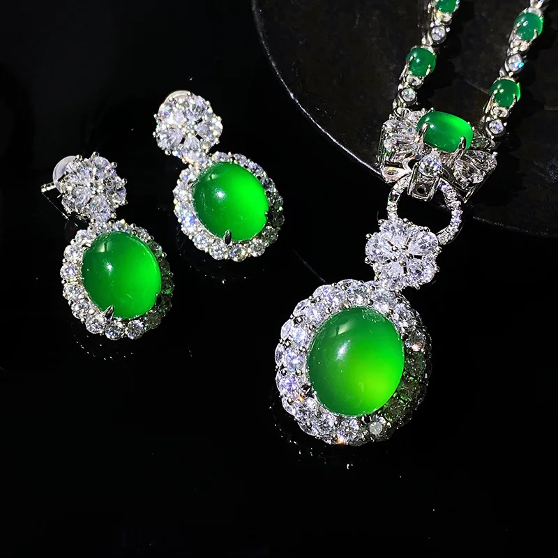 

Natural Ice Transparent Green Chalcedony Agate Full Diamond Open Ring for Women Elegant Luxurious Pendant Necklace Earrings Set