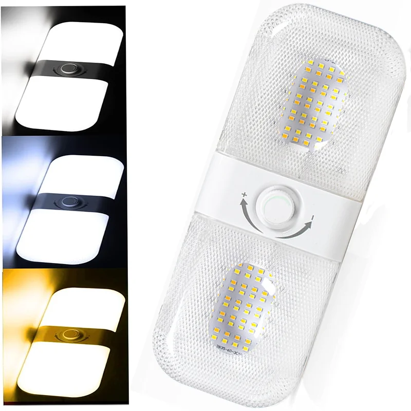12V/24V Vehicle Interior Camper Light 120LED Stepless Dimmable Dome Lamp with Night Indicator & Memory Function for RV Caravan