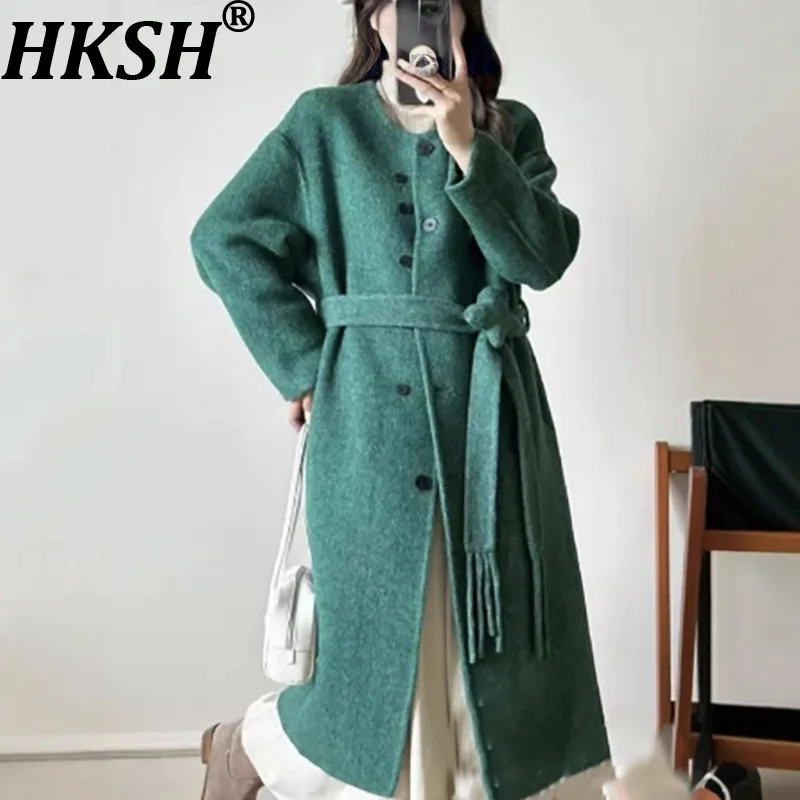 

HKSH 2023, осенне-зимняя новая женская двусторонняя шерстяная куртка с круглым вырезом, однобортный пояс, элегантное модное модное пальто HK13539