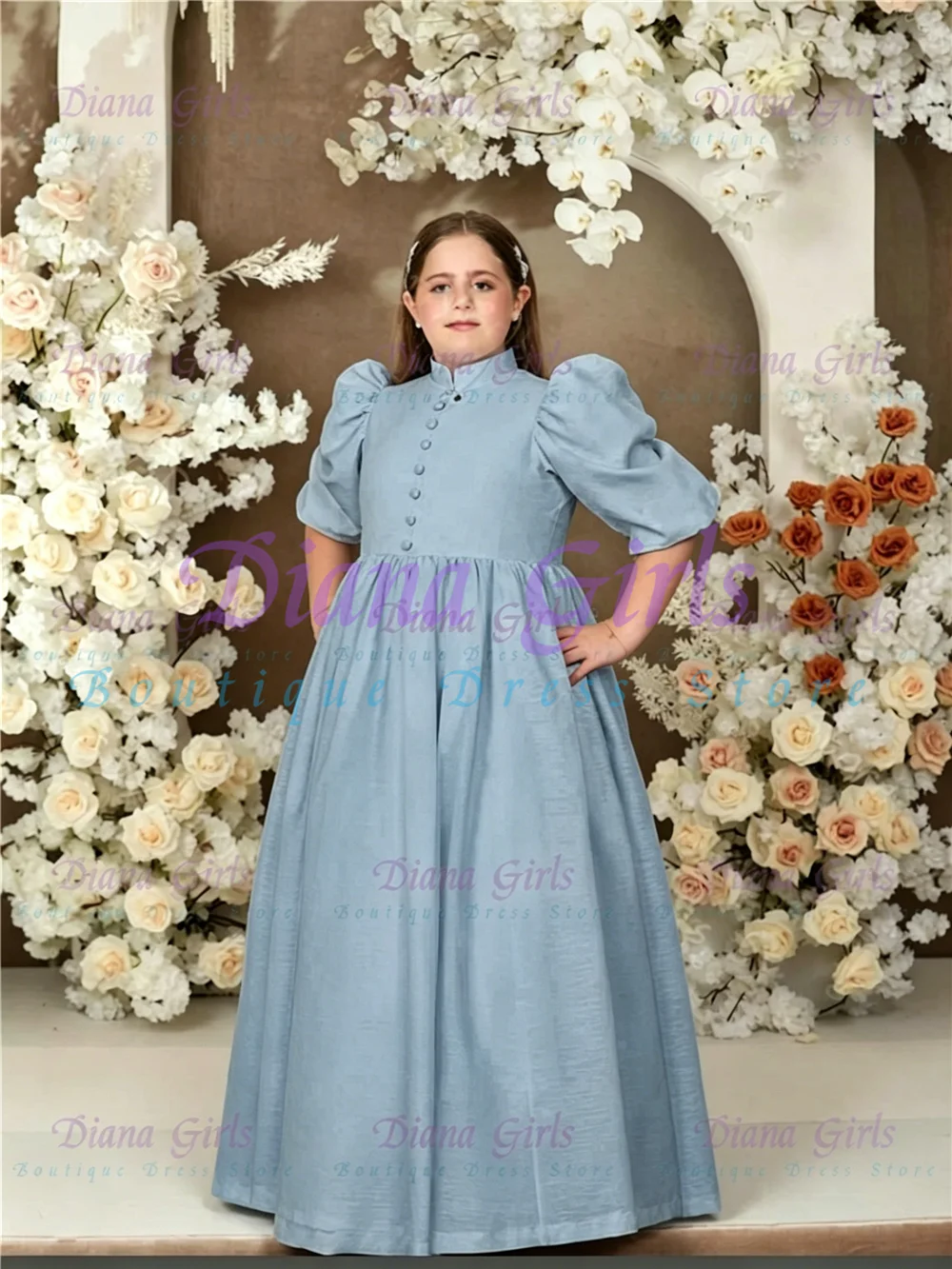 Lovely Quality Blue Flowers Girl Dress Satin Fluffy with Buttons for Little Girls Wedding Birthday Party  Evening Ball Gown