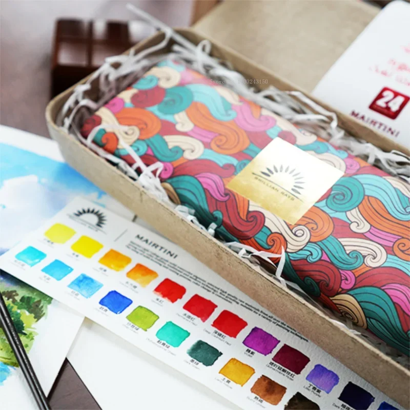 Martini 24 Color Solid Watercolor Pigment Large Capacity Portable Iron Box Set Art Students Creative Painting Filler Materials